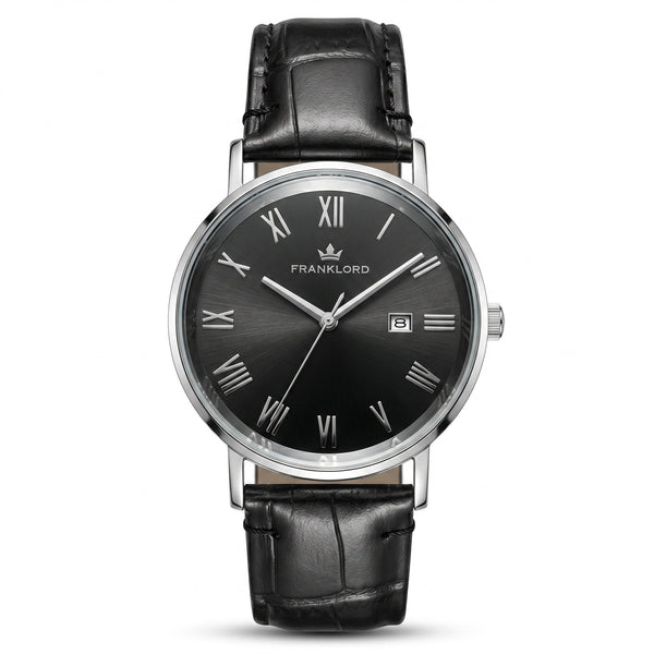 Franklord Prestige Onyx Leather Men's Watch – Black Sunburst Dial & Black Leather Strap