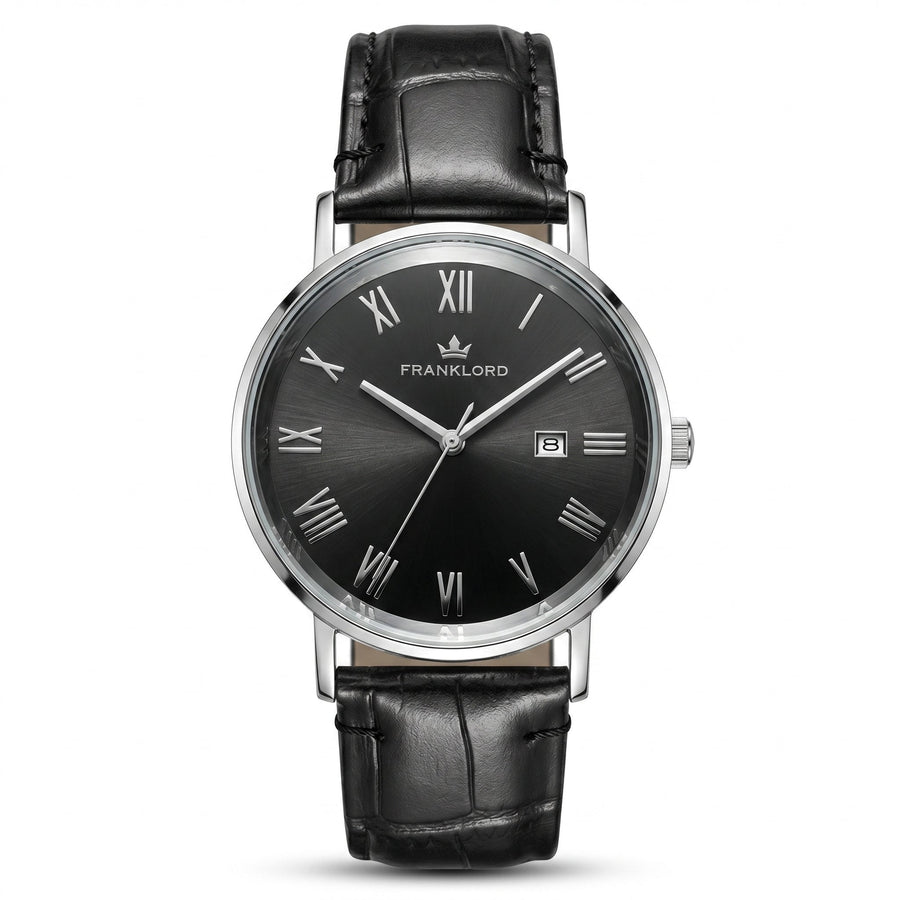 Franklord Prestige Onyx Leather Men's Watch – Black Sunburst Dial & Black Leather Strap