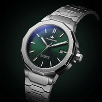 silver watch with blue dial