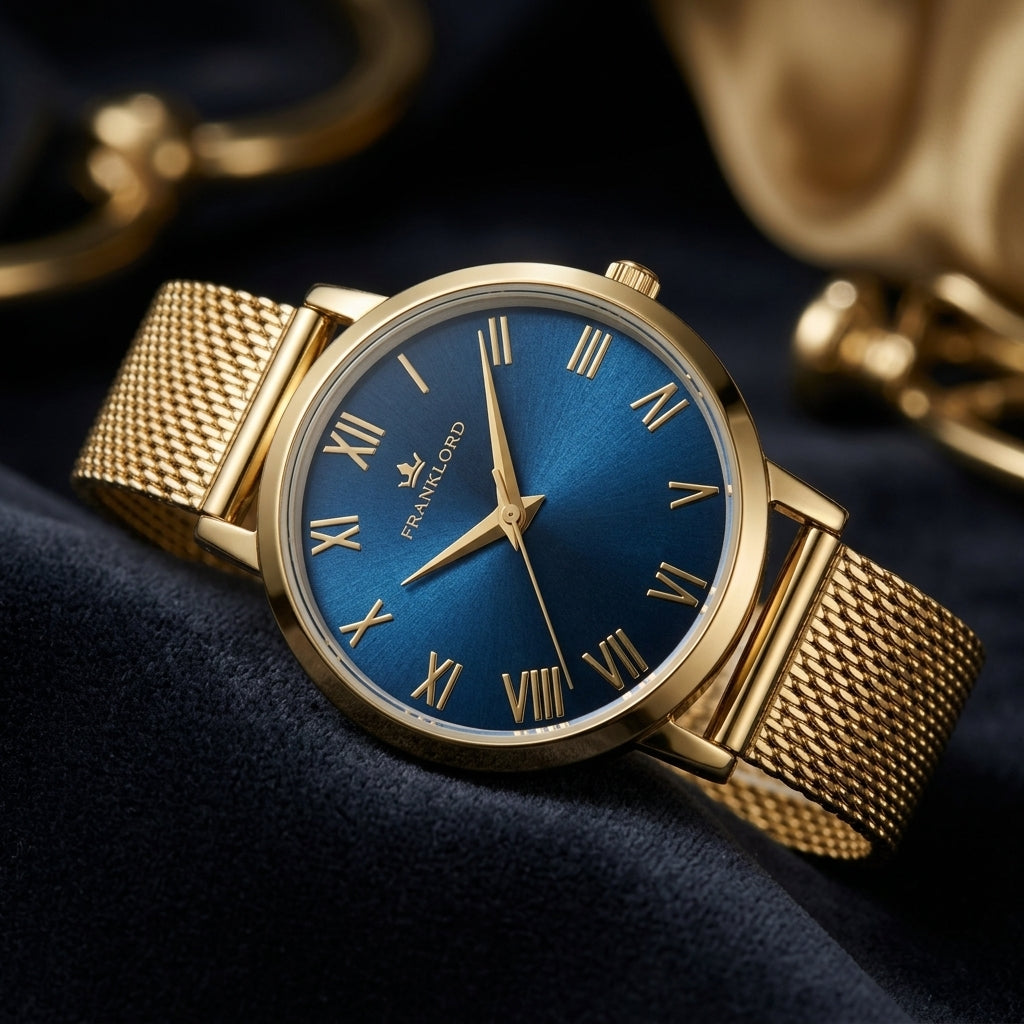 Franklord Classique Women's Ultra-Slim Watch – 32mm Gold Stainless Steel with Blue Roman Dial