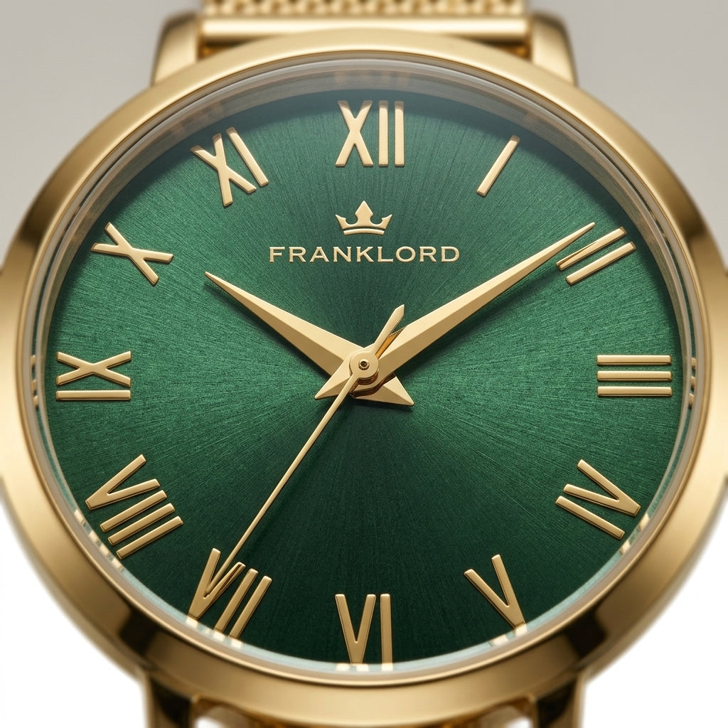 Franklord Classique Women's Ultra-Slim Watch – 32mm Gold Stainless Steel with Green Roman Dial