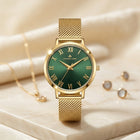 Franklord Classique Women's Ultra-Slim Watch – 32mm Gold Stainless Steel with Green Roman Dial