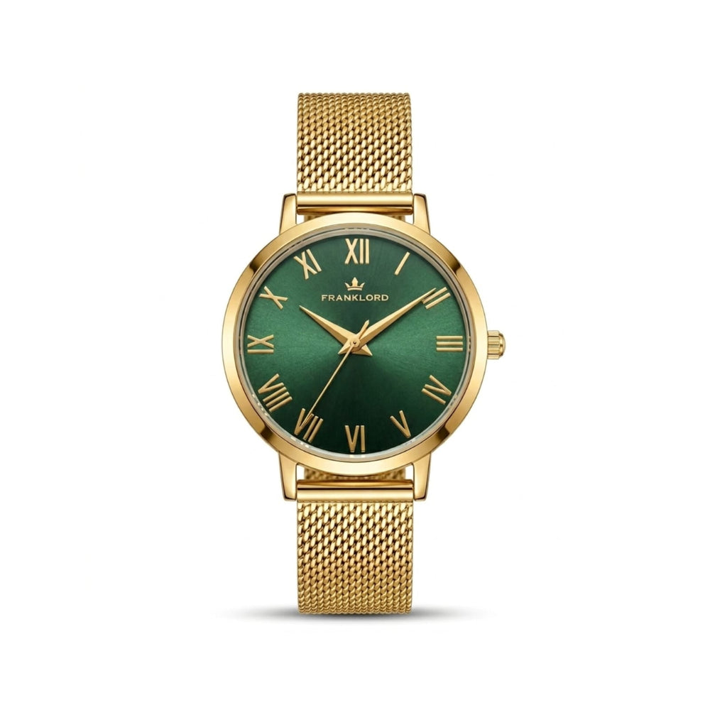 Franklord Classique Women's Ultra-Slim Watch – 32mm Gold Stainless Steel with Green Roman Dial
