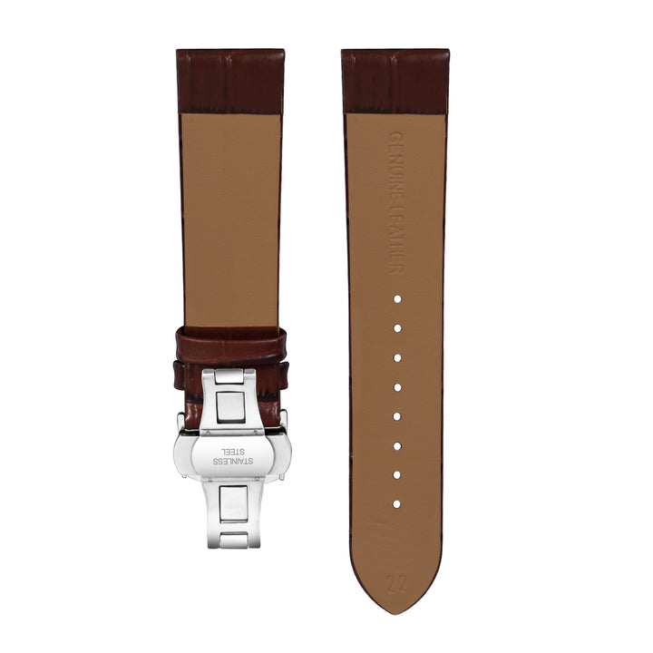 Back view of the Brown Croc-Embossed Genuine Leather Strap highlighting the soft genuine leather and stainless steel buckle.