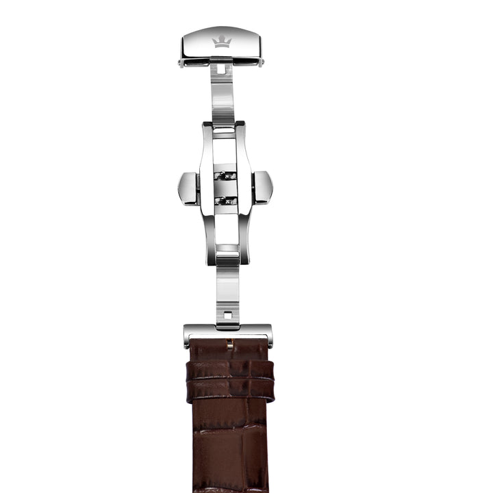 Detailed view of the stainless steel butterfly buckle on the Brown Croc-Embossed Genuine Leather Strap.