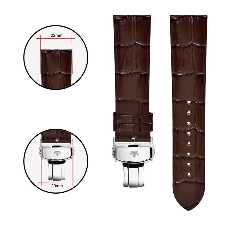 Brown Croc-Embossed Leather Strap showing dimensions and 22mm lug compatibility.