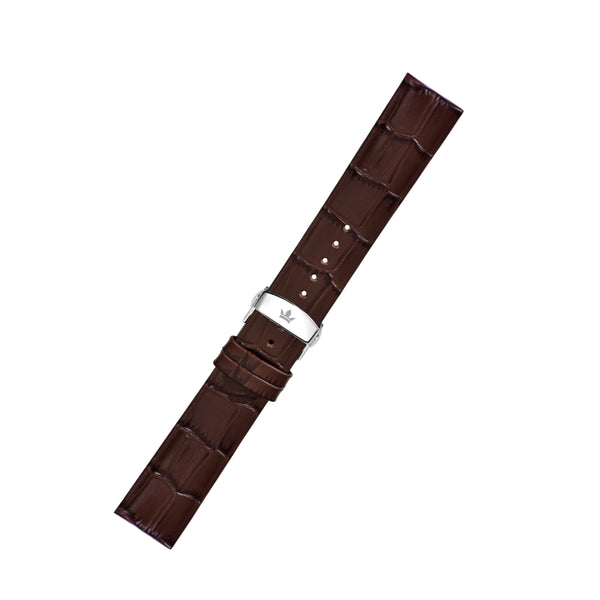 Top view of the Brown Croc-Embossed Genuine Leather Strap with a stainless steel butterfly buckle for 22mm watches.