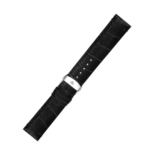 Franklord Black Alligator-Style Leather Watch Strap with Stainless Steel Butterfly Buckle - 22mm size