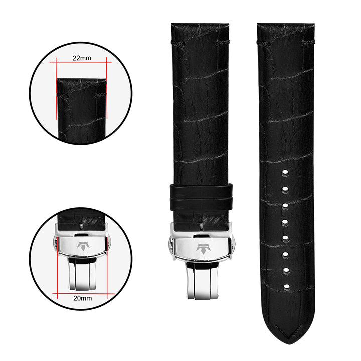 Franklord Black Alligator-Style Leather Strap with Dimensions - 22mm Lug Width and 20mm Buckle Width