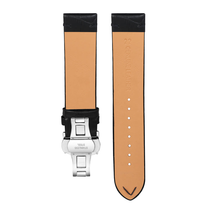 Back view of Franklord Black Alligator-Style Leather Strap with Stainless Steel Butterfly Buckle - 22mm size