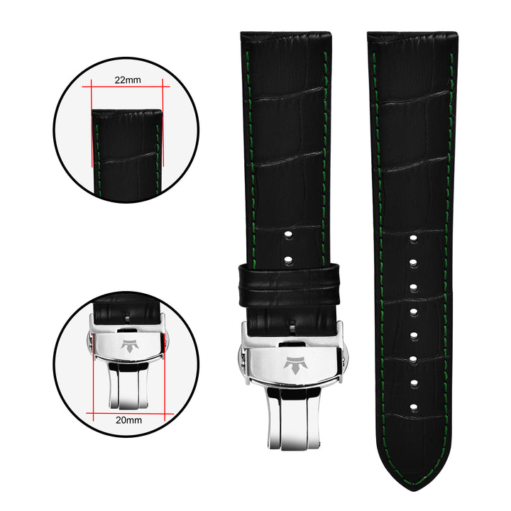 Franklord Black Crocodile-Style Leather Strap with Green Stitching, Dimensions - 22mm Lug Width and 20mm Buckle Width