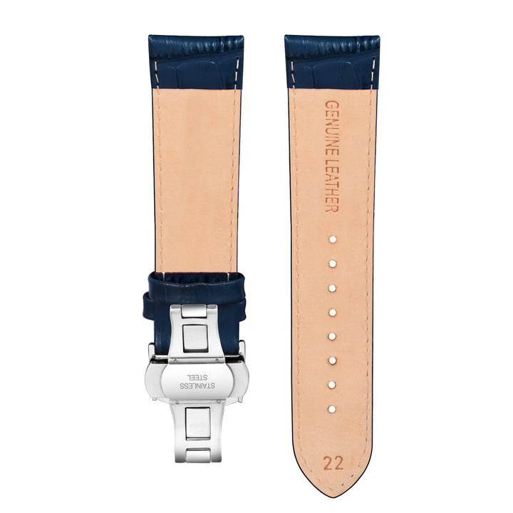 Back view of Franklord Blue Alligator-Style Leather Strap with Aqua Stitching and Stainless Steel Butterfly Buckle - 22mm size