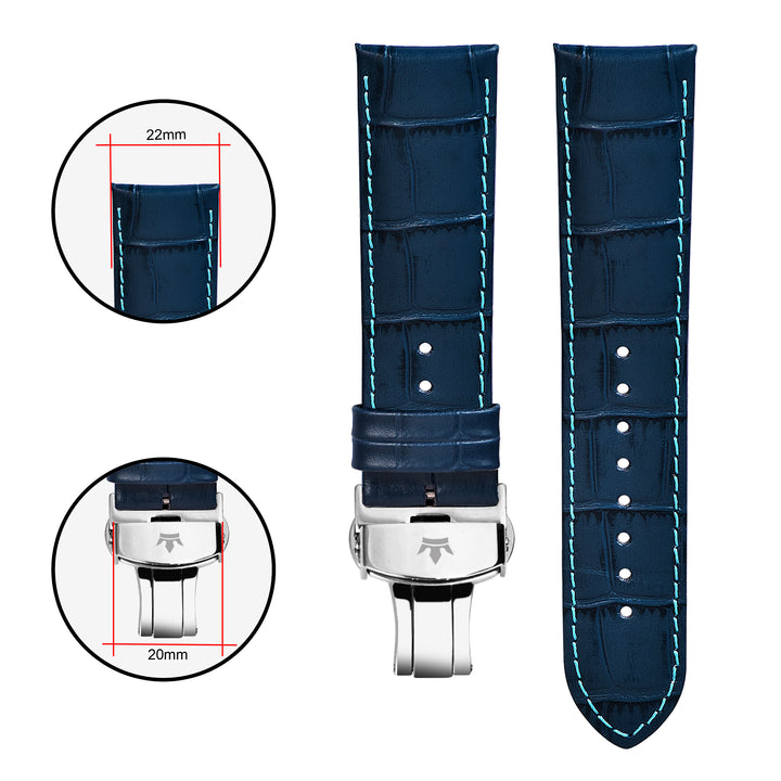 Franklord Blue Alligator-Style Leather Strap with Aqua Stitching, Dimensions - 22mm Lug Width and 20mm Buckle Width