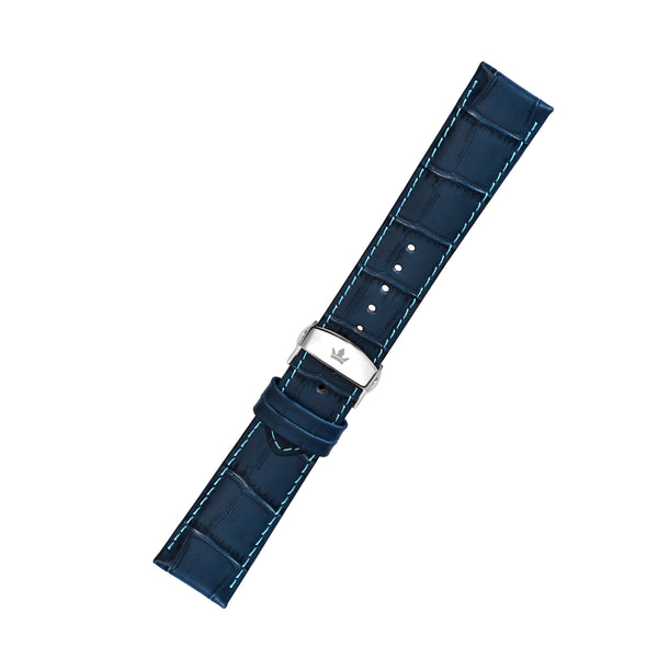 Franklord Blue Alligator-Style Leather Watch Strap with Aqua Stitching and Stainless Steel Butterfly Buckle - 22mm size