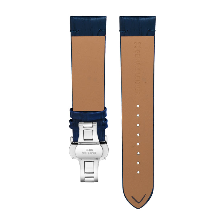 Back View of Franklord Blue Crocodile-Style Leather Strap with Stainless Steel Butterfly Clasp - 22mm Size