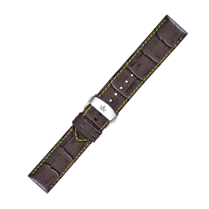 Franklord Brown Alligator-Style Leather Watch Strap with Yellow Stitching and Stainless Steel Butterfly Buckle - 22mm size