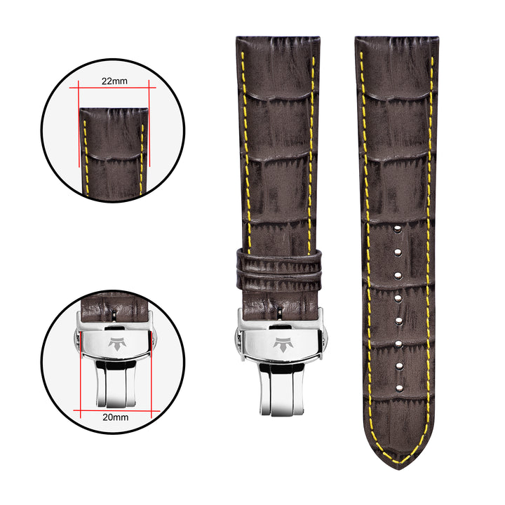 Franklord Brown Alligator-Style Leather Strap with Yellow Stitching, Dimensions - 22mm Lug Width and 20mm Buckle Width