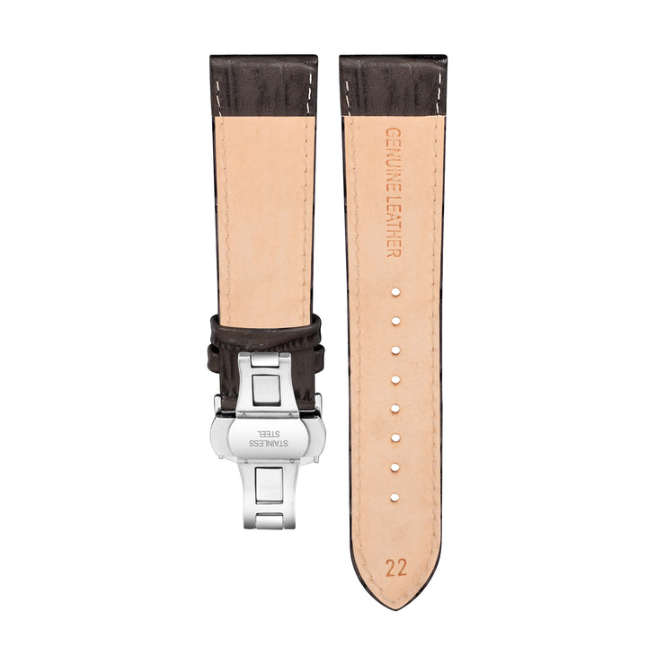 Back view of Franklord Brown Alligator-Style Leather Strap with Yellow Stitching and Stainless Steel Butterfly Buckle - 22mm size