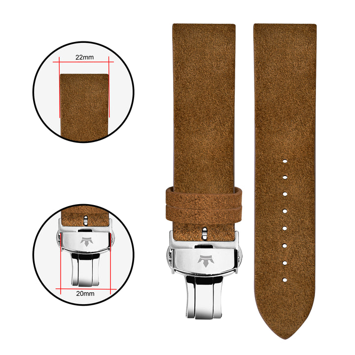 Franklord Brown Suede Leather Strap, Dimensions - 22mm Lug Width and 20mm Buckle Width