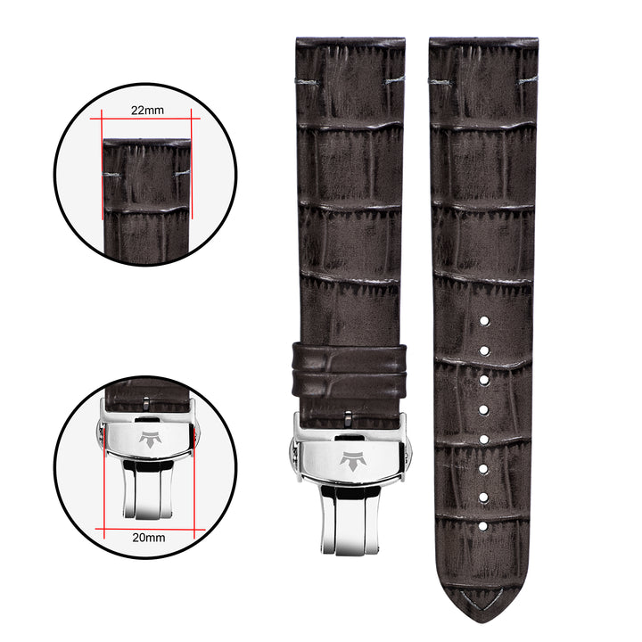 Franklord Grey Alligator-Style Leather Strap with Subtle Stitching, Dimensions - 22mm Lug Width and 20mm Buckle Width