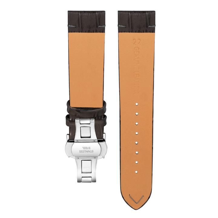 Back view of Franklord Grey Alligator-Style Leather Strap with Subtle Stitching and Stainless Steel Butterfly Clasp - 22mm size