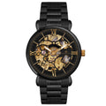 Full view of Franklord Mechanis Noir Eclipse with its black stainless steel bracelet and bold skeleton design.