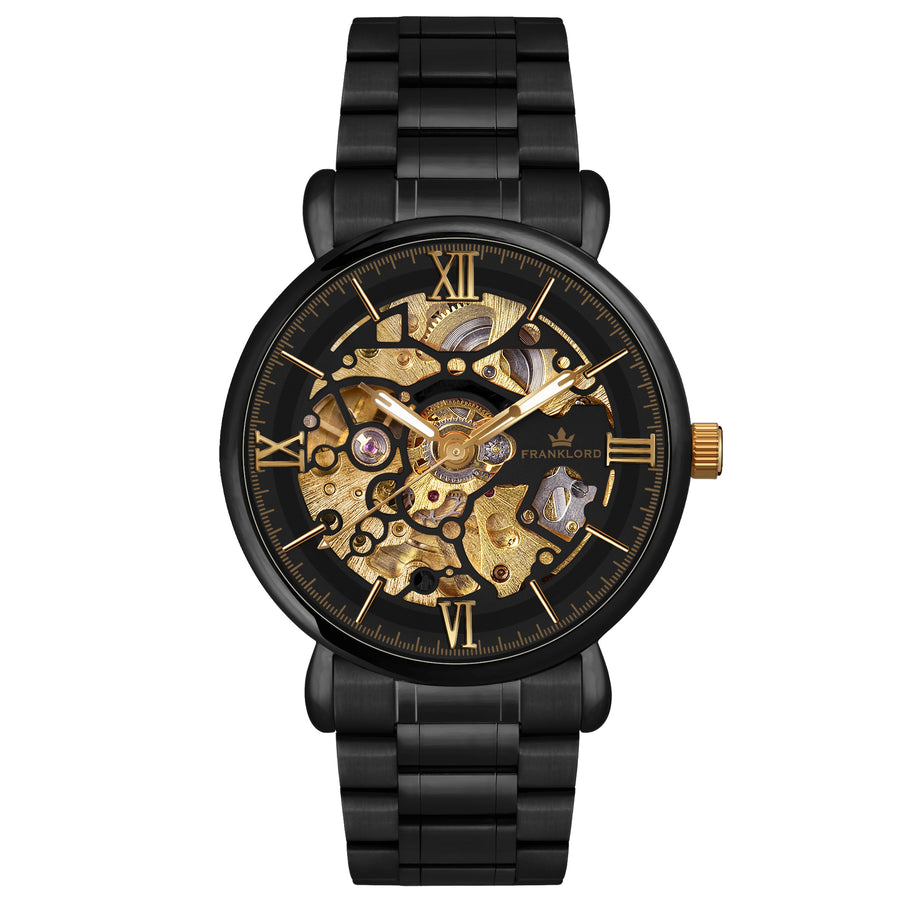Full view of Franklord Mechanis Noir Eclipse with its black stainless steel bracelet and bold skeleton design.