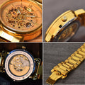 Collage of Franklord Mechanis Regal Gold Watch features: detailed skeleton dial, engraved crown, open back movement, and polished gold bracelet.