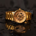 Franklord Mechanis Regal Gold Watch displayed with water droplets, highlighting its 5ATM water resistance and luxurious gold finish.