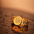 Franklord Mechanis Regal Gold Watch displayed in a water test setting, showcasing its 5ATM water resistance for durability and practicality.