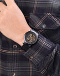 Franklord Mechanis Skeleton Watch styled with formal shirt on wrist