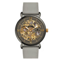 Front view of Franklord Mechanis Titanium Drift skeleton watch with grey silicone strap and golden open-heart dial.