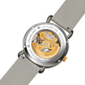Open case back of Franklord Mechanis Titanium Drift showing the gold rotor and 21-jewel automatic movement.