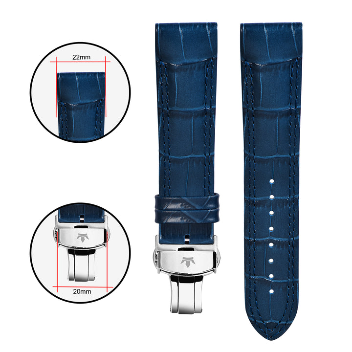 Franklord Navy Blue Alligator-Style Leather Strap with Matching Stitching, Dimensions - 22mm Lug Width and 20mm Buckle Width