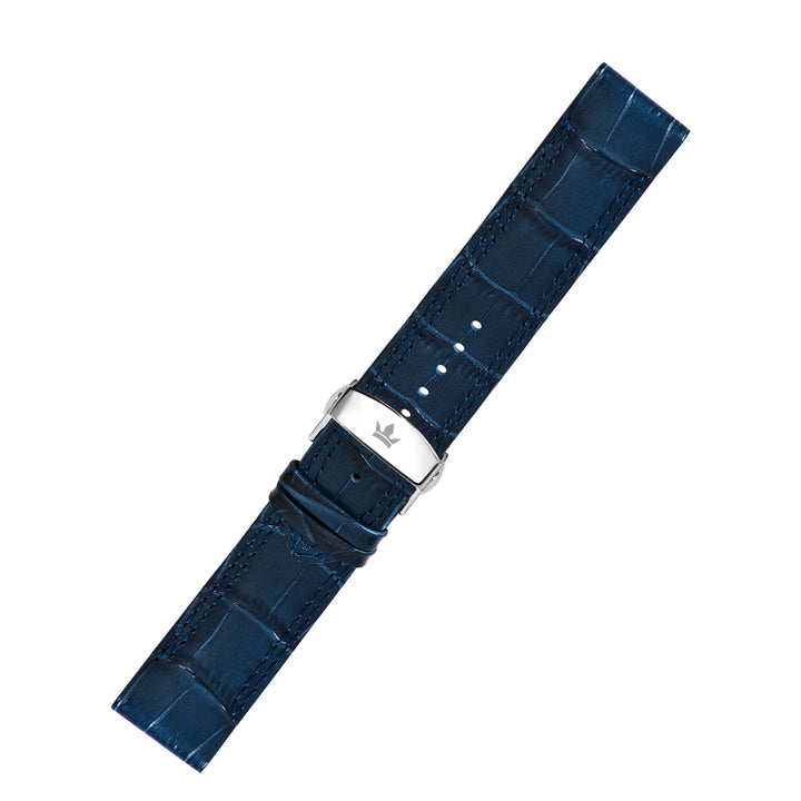 Franklord Navy Blue Alligator-Style Leather Watch Strap with Matching Stitching and Stainless Steel Butterfly Buckle - 22mm size