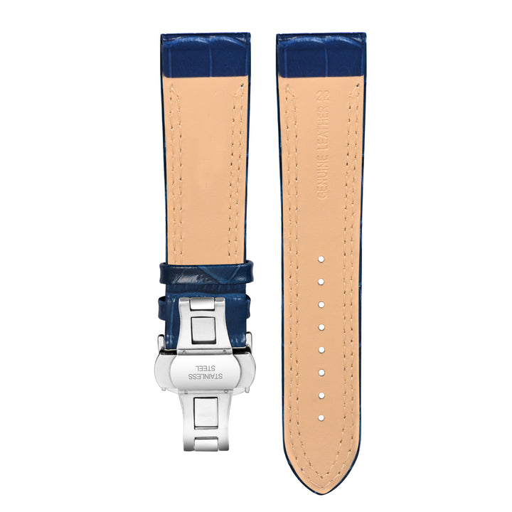 Back view of Franklord Navy Blue Alligator-Style Leather Strap with Matching Stitching and Stainless Steel Butterfly Buckle - 22mm size