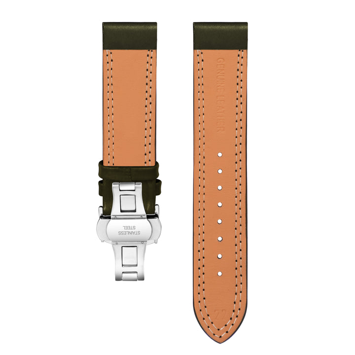 Back view of Franklord Olive Green Leather Strap with Double Stitching and Stainless Steel Butterfly Buckle - 22mm size