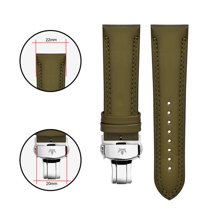 Franklord Olive Green Leather Strap with Double Stitching, Dimensions - 22mm Lug Width and 20mm Buckle Width