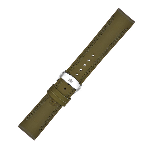 Franklord Olive Green Leather Watch Strap with Double Stitching and Stainless Steel Butterfly Buckle - 22mm size