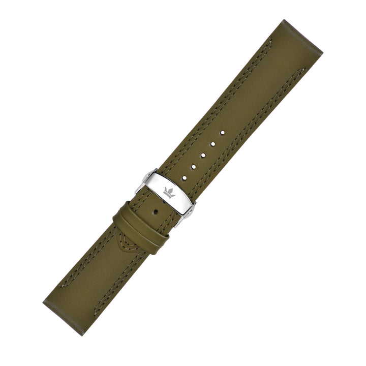 Franklord Olive Green Leather Watch Strap with Double Stitching and Stainless Steel Butterfly Buckle - 22mm size