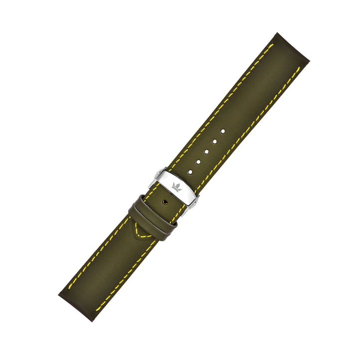 Franklord Olive Green Leather Watch Strap with Yellow Stitching and Stainless Steel Butterfly Buckle - 22mm size