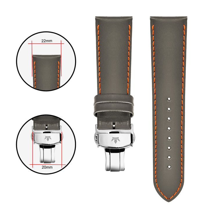 Franklord Olive Green Leather Strap with Orange Stitching, Dimensions - 22mm Lug Width and 20mm Buckle Width