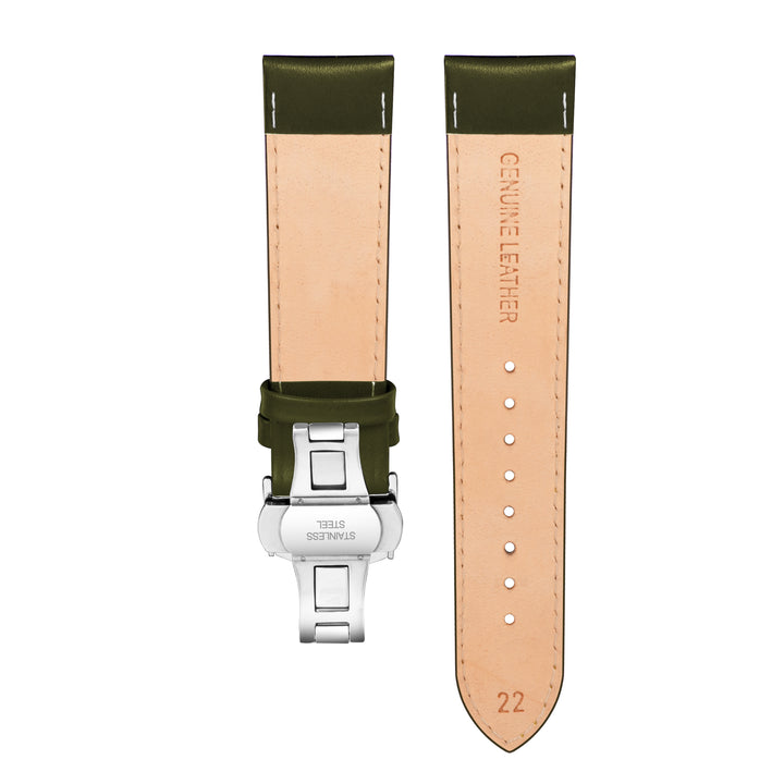 Back view of Franklord Olive Green Leather Strap with Yellow Stitching and Stainless Steel Butterfly Buckle - 22mm size