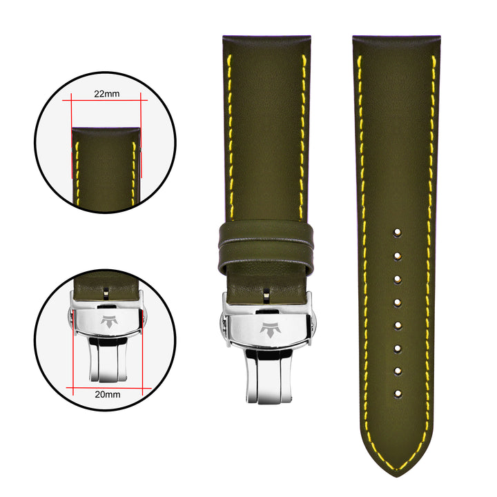 Franklord Olive Green Leather Strap with Yellow Stitching, Dimensions - 22mm Lug Width and 20mm Buckle Width