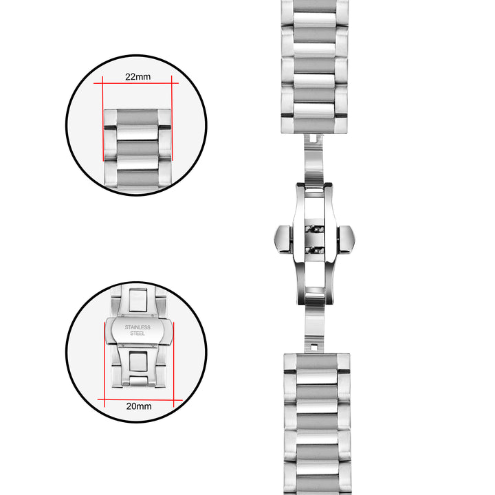 Dimensions of Franklord Stainless Steel Watch Chain with Butterfly Buckle - 22mm lug width, 20mm buckle width