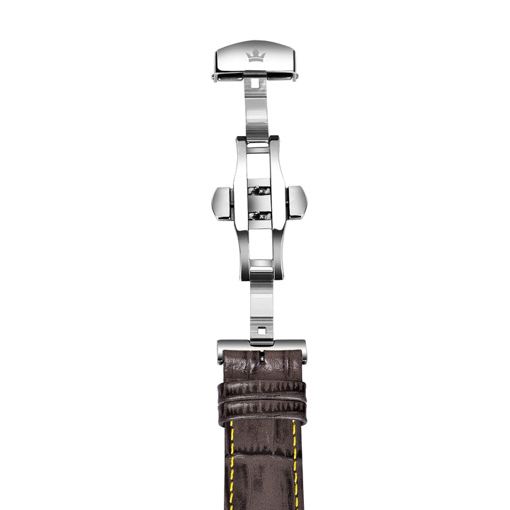 Close-up of Franklord Brown Alligator-Style Leather Strap with Yellow Stitching and Stainless Steel Butterfly Buckle Opened