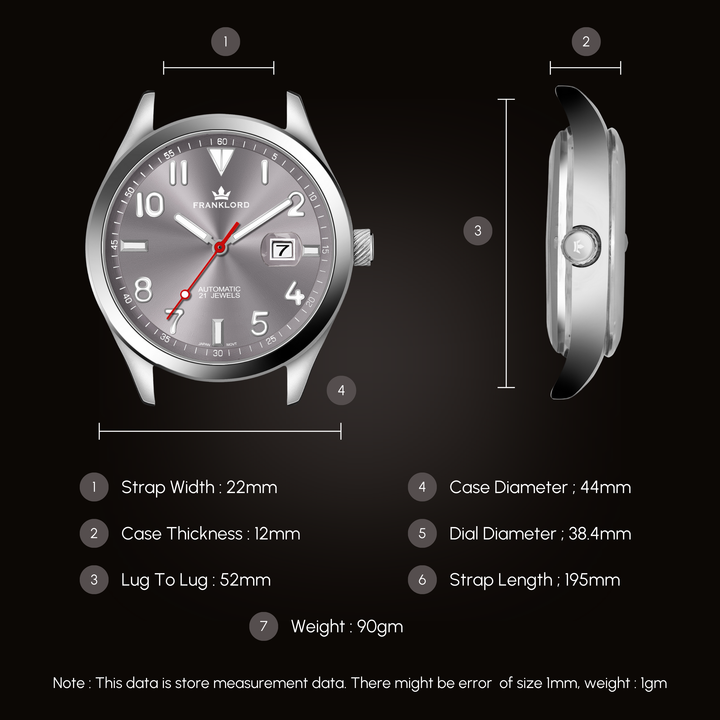 Lug to lug, strap width, case diameter, case thickness, strap length and weight measurements data of Franklord Regal Sapphire Crimson Edge Automatic Watch