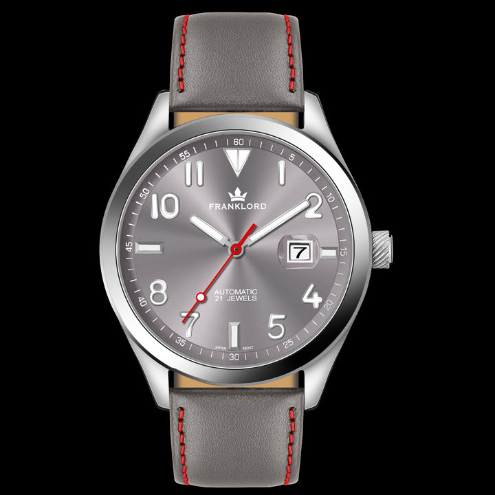 Regal Sapphire - Crimson Edge luxury automatic watch with gray dial and red stitching.