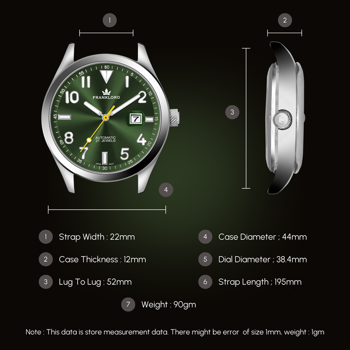 Lug to lug, strap width, case diameter, case thickness, strap length and weight measurements data of Franklord Regal Sapphire Emarald Pulse Automatic Watch