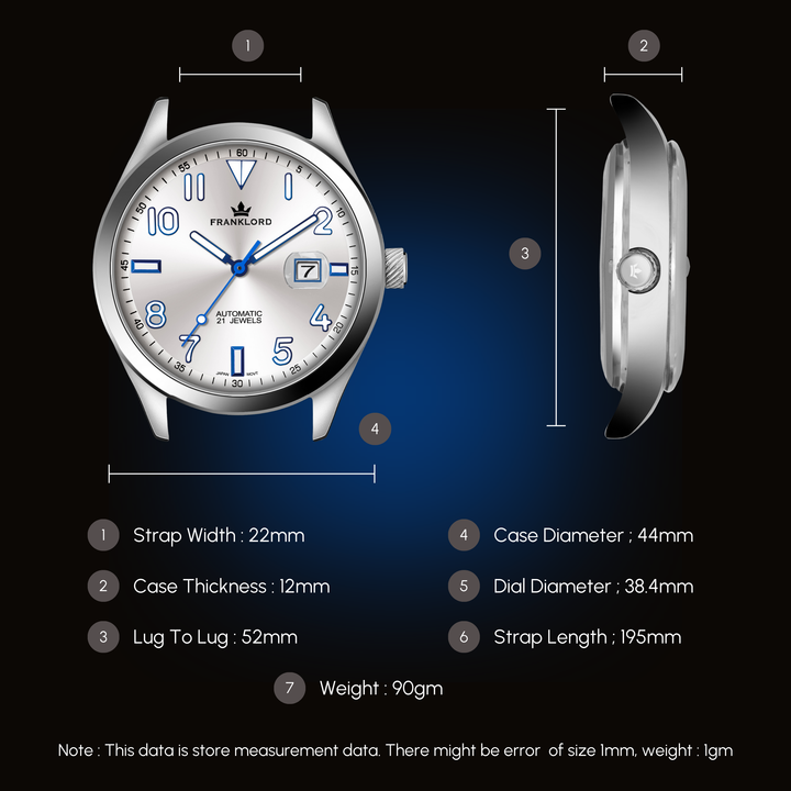 Lug to lug, strap width, case diameter, case thickness, strap length and weight measurements data of Franklord Regal Sapphire Lunar Ice Automatic Watch